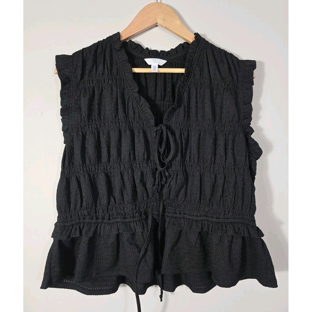 Time and Tru Black Ruffle Peplum Blouse XXL Size 20 Summer Boho Flowy Tie Front